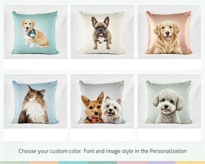 6 Fabric Color Options Personalized Pet Portrait Pillow, Custom Dog & Cat Watercolor Art Throw Cushion, Pick Your Pet Breed & Background Color For Custom Pet Gift Pillow