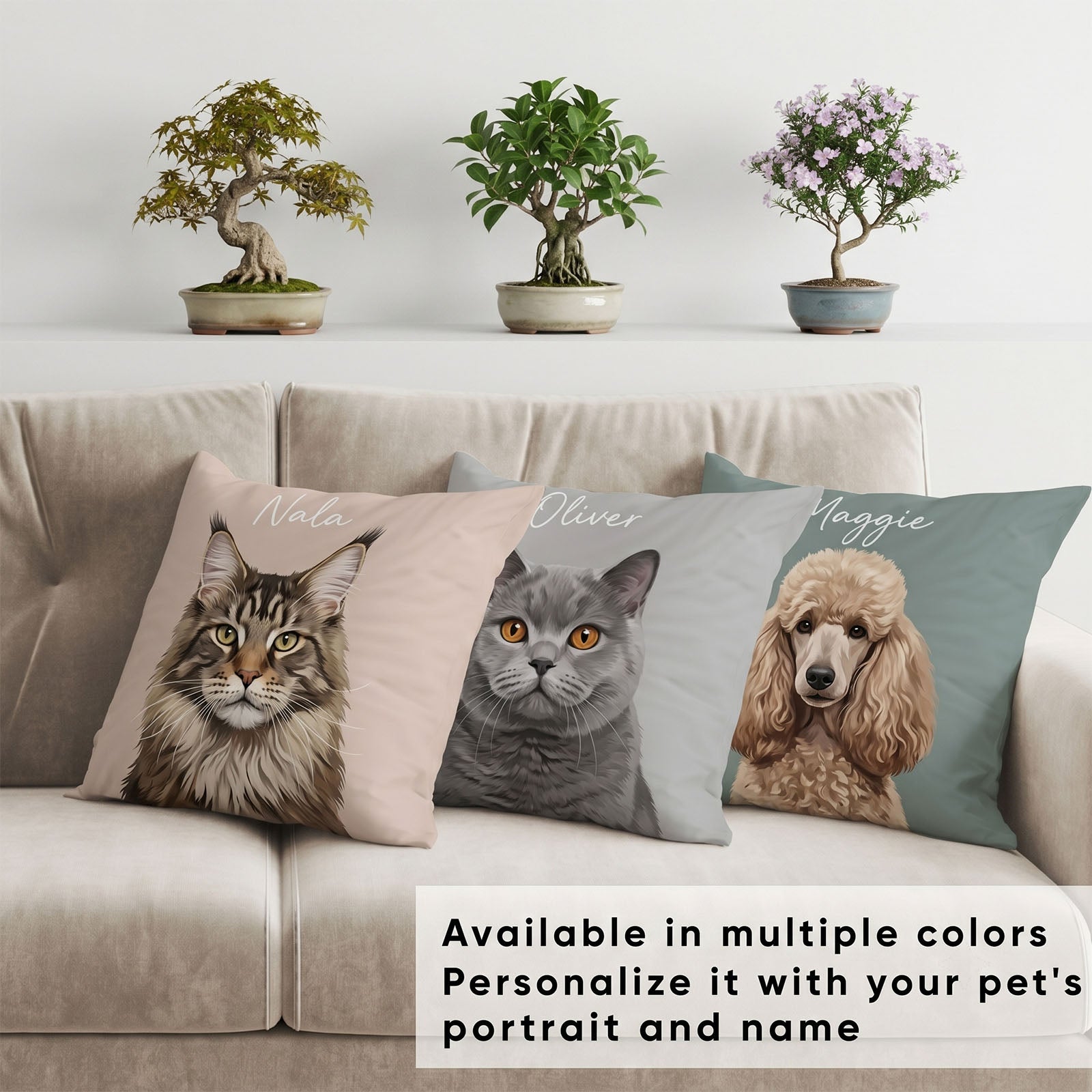Multiple color options custom pet portrait throw pillows with personalized cat, Maine Coon cat, grey shorthair cat, standard poodle dog face art & custom name Nala/Oliver/Maggie, personalized pet photo decorative sofa cushions, custom pet memorial home decor pillow set