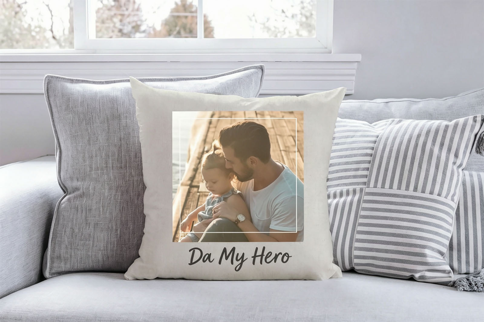 My Hero Dad Custom Daddy Daughter Photo Pillow, Personalized Family Portrait Linen Throw Cushion, Heartfelt Fathers Day Keepsake Gift From Daughter