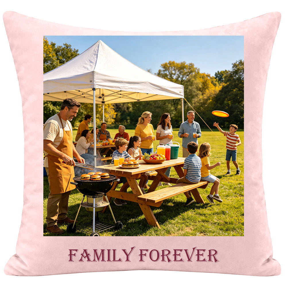 Outdoor BBQ family gathering memorial pillow with "FAMILY FOREVER" text, capturing a summer picnic with grilling and frisbee. A cheerful keepsake pillow for preserving outdoor family memories.