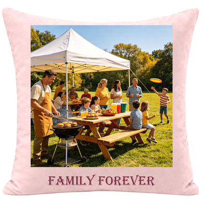Outdoor BBQ family gathering memorial pillow with "FAMILY FOREVER" text, capturing a summer picnic with grilling and frisbee. A cheerful keepsake pillow for preserving outdoor family memories.