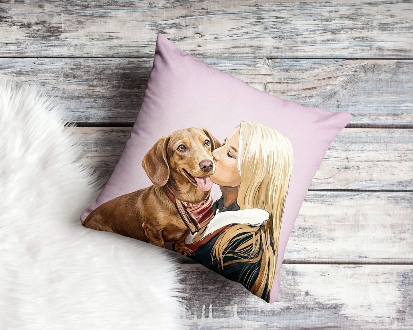 Custom Watercolor Dachshund & Dog Mom Kiss Portrait Throw Pillow, Personalized Pet Mom Sentimental Cushion, Unique Pet Owner Memorial Gift, Rustic Wood Background Home Decor Pillow