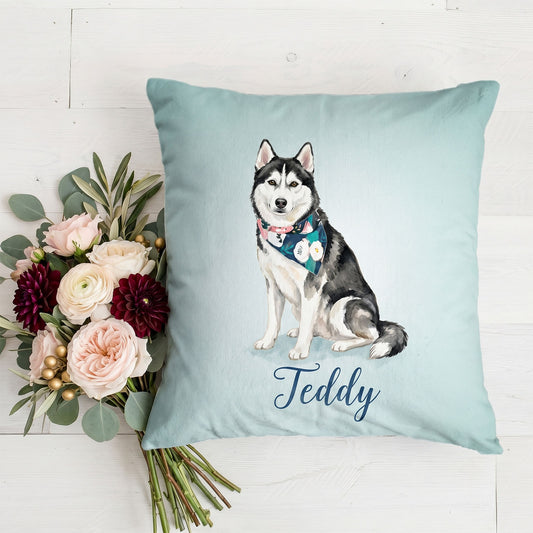 Custom Watercolor Siberian Husky Portrait Throw Pillow With Personalized Pet Name Teddy, Personalized Linen Cushion, Unique Pet Owner Birthday & Christmas Gift, Custom Pet Art Home Decor Pillow