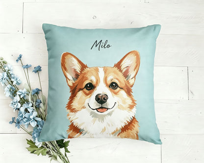 Custom Watercolor Corgi Portrait Pillow With Personalized Name Milo, Premium Linen Pet Lover Cushion, Custom Pet Art Keepsake Gift For Dog Owners, Farmhouse Home Decor Pillow