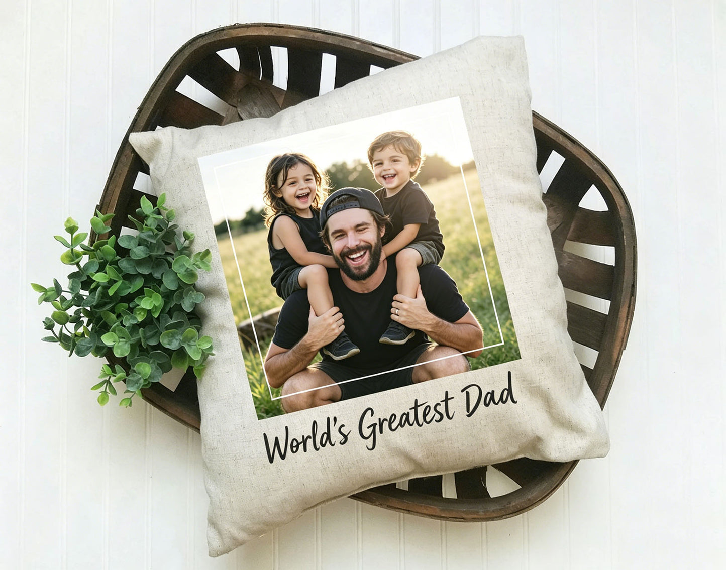 Custom Worlds Greatest Dad Photo Pillow, Personalized Family Picture Throw Pillow, Unique Fathers Day Gift For Dad, Custom Printed Linen Cushion Keepsake Gift From Kids