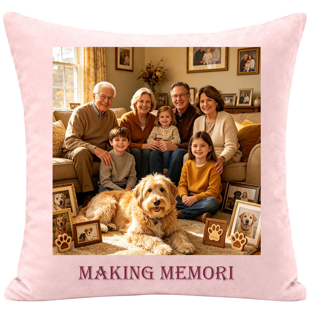 Pet legacy memorial pillow showing a family with their dog, surrounded by framed pet photos, with "MAKING MEMORIES" text. A warm keepsake pillow celebrating family and pet love in everyday moments