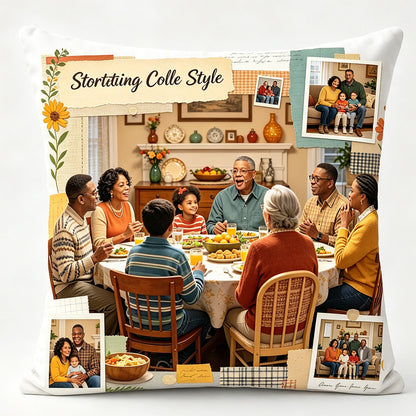 Storytelling collage-style memorial pillow showcasing a Black family dinner, layered with vintage photos and handwritten notes. A personalized keepsake pillow celebrating multi-generational family love and gatherings