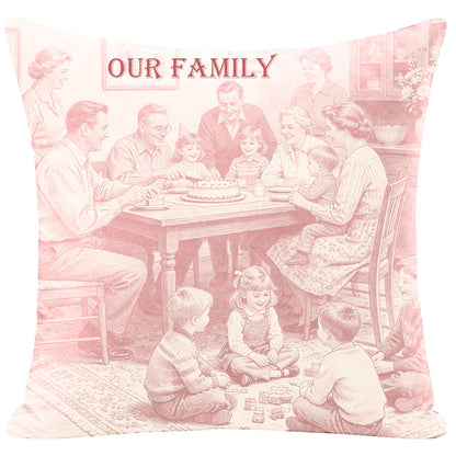 Vintage sketch-style memorial pillow with a family birthday gathering scene, featuring "OUR FAMILY" text. A soft pink keepsake pillow for honoring loved ones and preserving precious family memories.