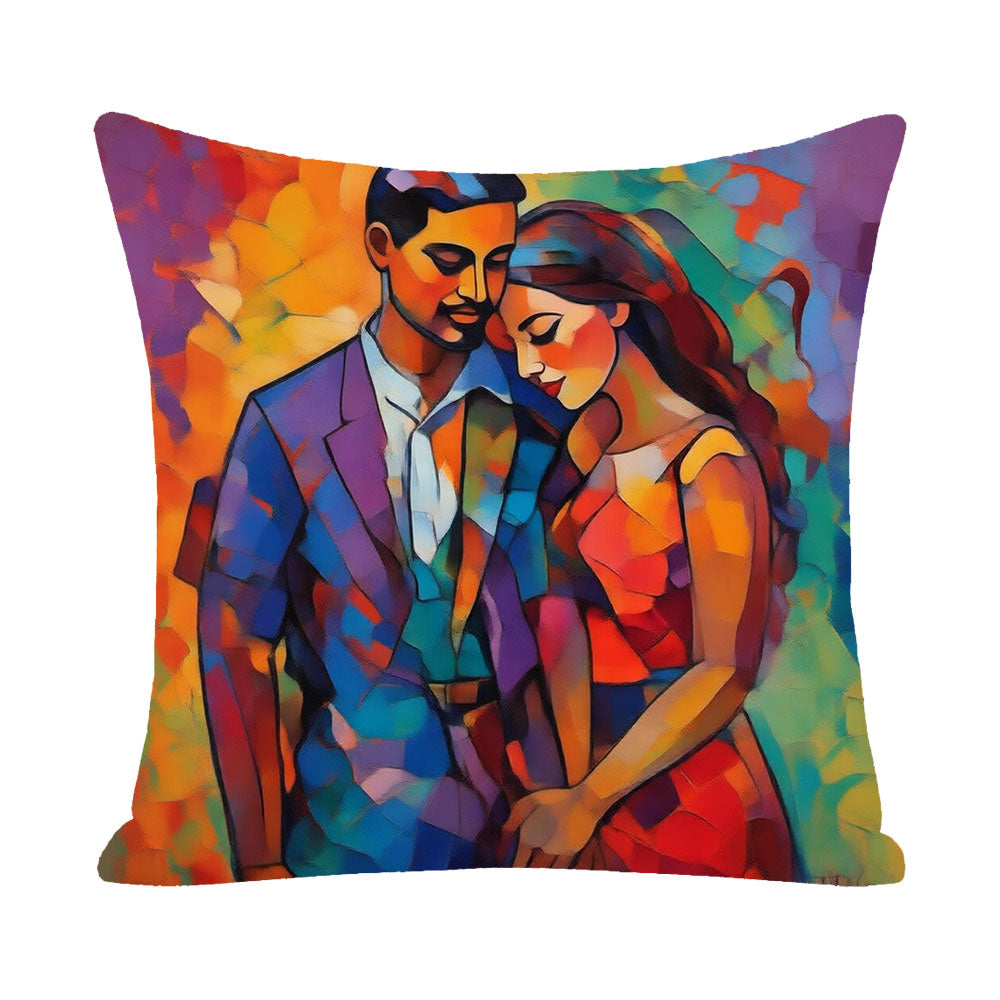 Vibrant abstract expressionism style custom couple pillow, bold geometric color blocks, personalized modern art portrait pillow for home decor