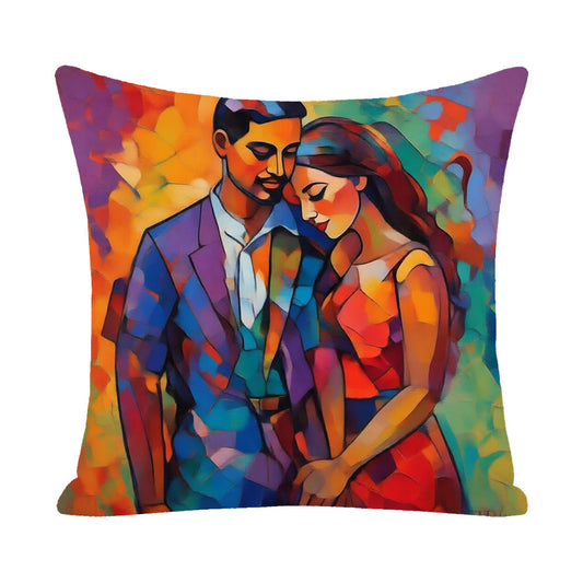 Vibrant abstract expressionism style custom couple pillow, bold geometric color blocks, personalized modern art portrait pillow for home decor