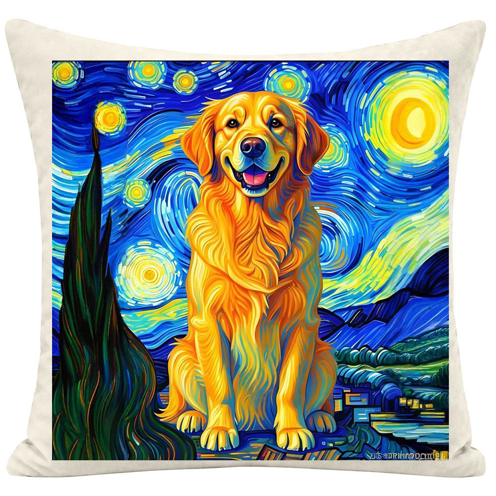 Artistic Golden Retriever Pillow, Van Gogh Starry Night Style Custom Cushion, Unique Dog Lover Art Decorative Pillow