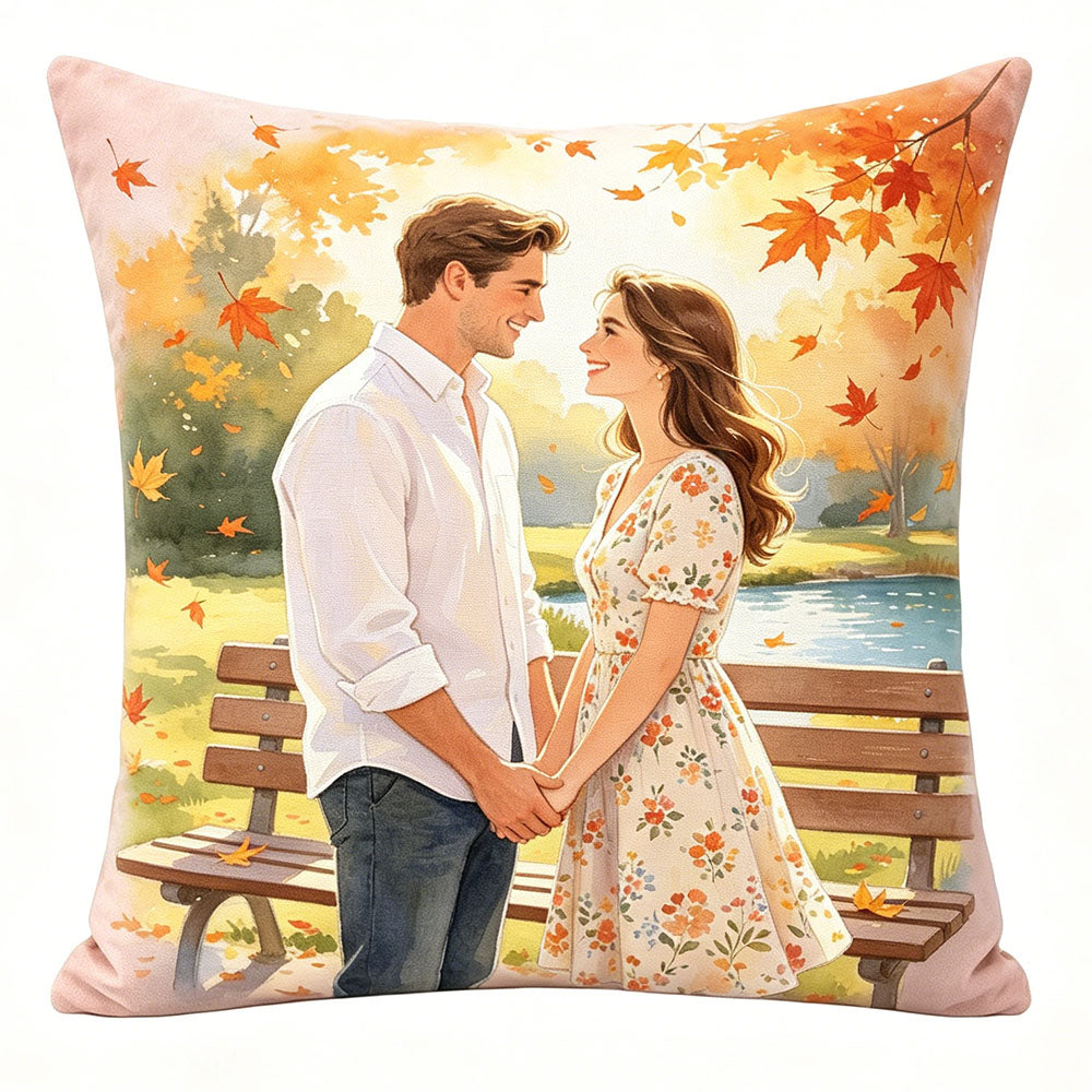 Custom fall watercolor couple pillow, autumn maple leaf park design, personalized romantic throw pillow, premium soft velvet pillow, unique couple keepsake for anniversary