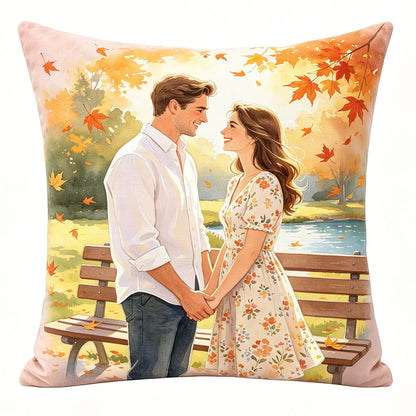 Custom fall watercolor couple pillow, autumn maple leaf park design, personalized romantic throw pillow, premium soft velvet pillow, unique couple keepsake for anniversary