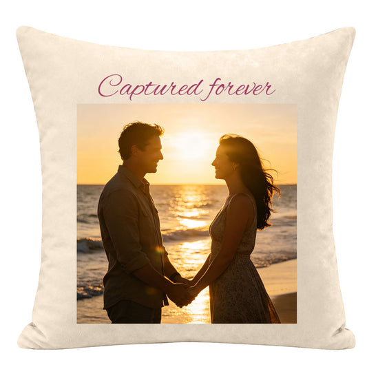 "Captured forever" custom couple pillow cover, framed couple photo at golden hour beach, personalized keepsake for love, anniversary and Valentine's Day gift
