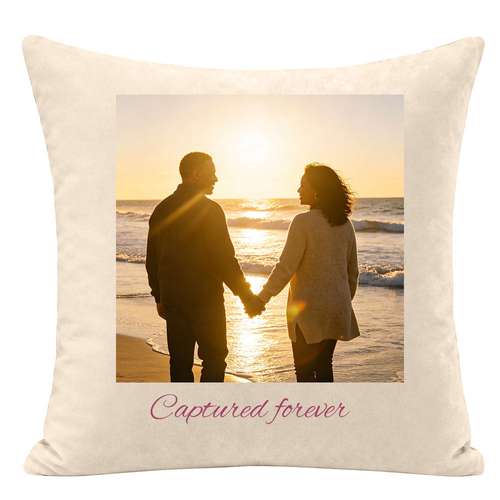 "Captured forever" personalized couple pillow, framed photo of Black couple holding hands at sunset beach, custom love quote pillow, romantic home decor