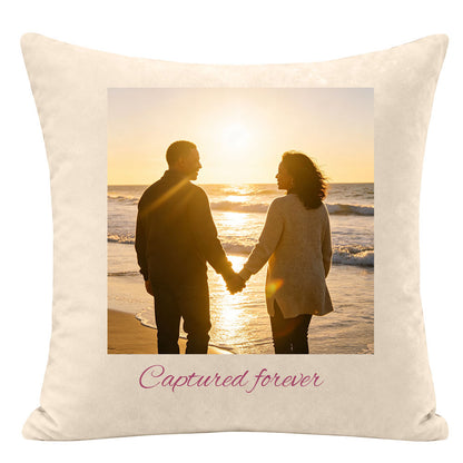 "Captured forever" personalized couple pillow, framed photo of Black couple holding hands at sunset beach, custom love quote pillow, romantic home decor