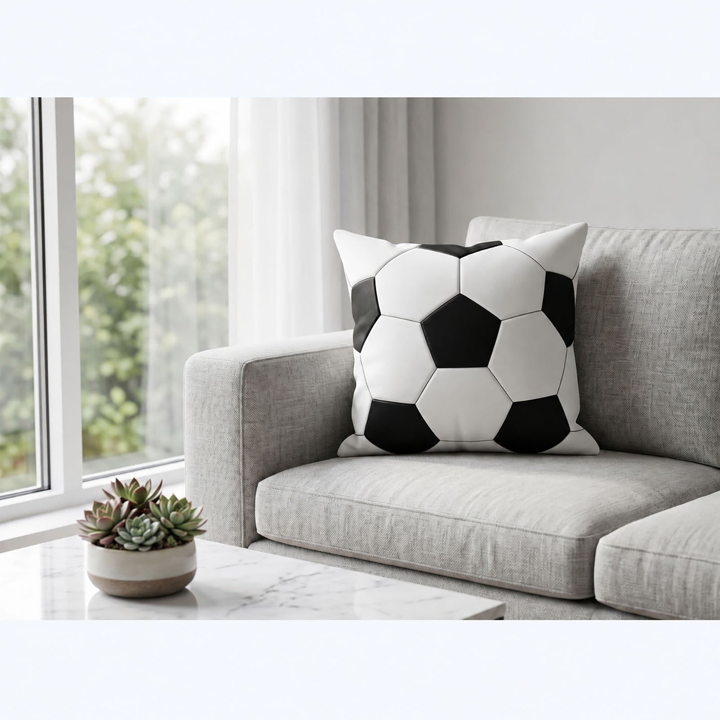 Sport themed custom cushion arranged beside large bay window, neutral home interior decor for World Cup watch party, fully customizable with personal sports photos and custom color matching.