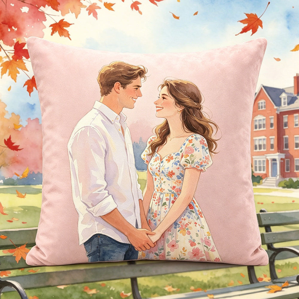 Custom fall campus watercolor couple pillow, autumn university scene design, personalized romantic throw pillow, premium soft velvet pillow, unique couple keepsake