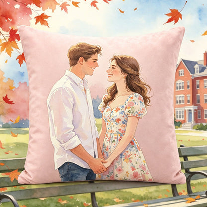 Custom fall campus watercolor couple pillow, autumn university scene design, personalized romantic throw pillow, premium soft velvet pillow, unique couple keepsake