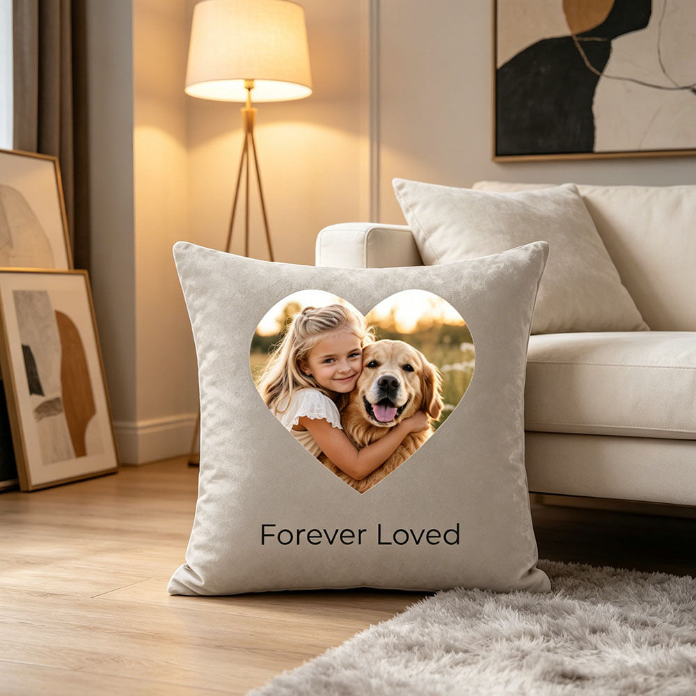 Cozy elegant apartment featuring custom family photo pillow cover, luxury personalized gift