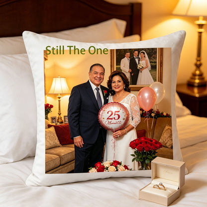 Custom wedding anniversary photo pillow placed on a sunlit hotel bed, next to a ring box and fresh roses. A tender, romantic scene showing the pillow as a sweet reminder of love and commitment during anniversary getaways.
