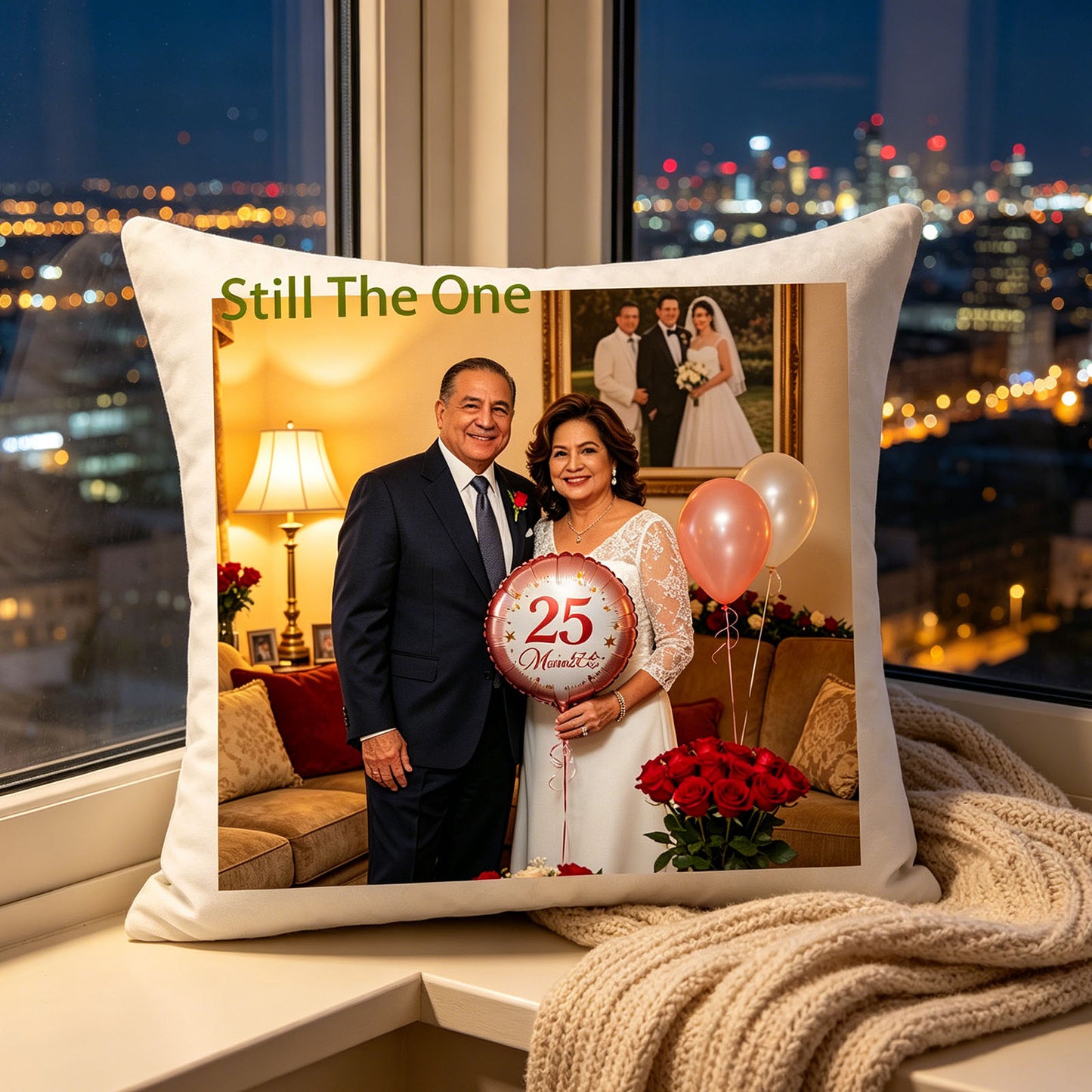 Custom wedding anniversary photo pillow placed on a windowsill overlooking a glowing city skyline at dusk, next to a soft knit blanket. A peaceful, romantic touch celebrating the couple’s love against the city lights.