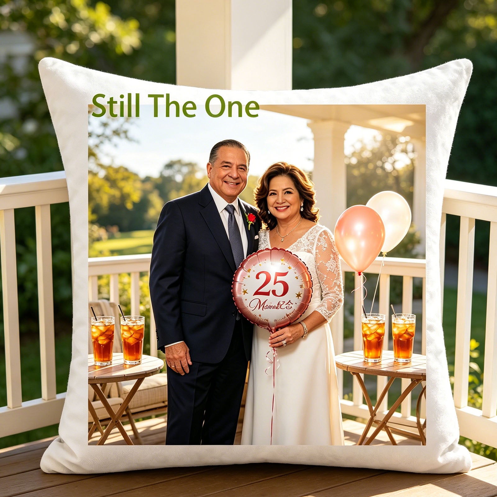 Custom wedding anniversary photo pillow placed on a wooden porch in the sun, surrounded by iced tea glasses and greenery. A cheerful, relaxed touch perfect for casual anniversary gatherings at home.