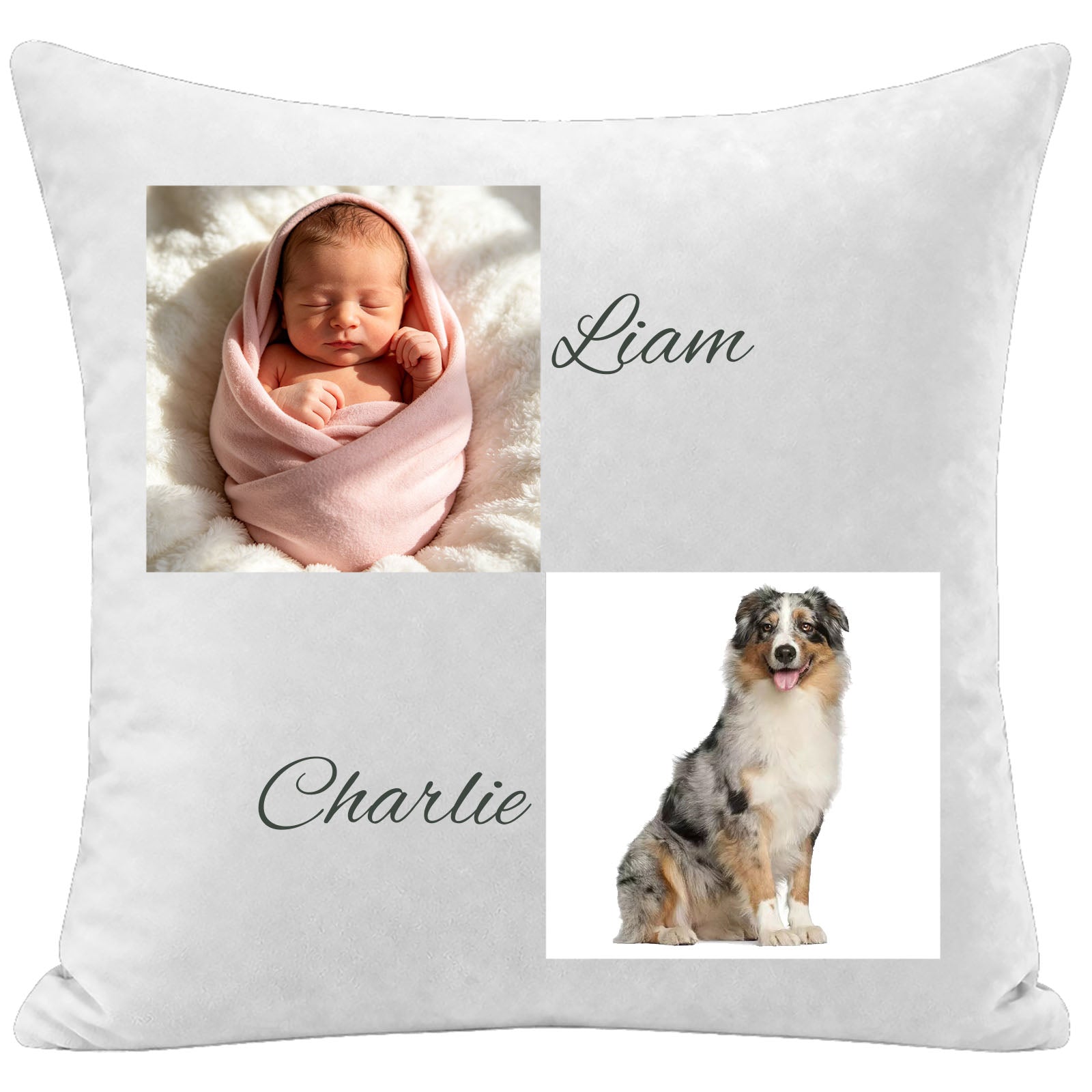 Custom baby and dog photo pillow personalized with child and pet names, featuring a newborn and Australian Shepherd. A premium keepsake cushion, perfect as a sentimental gift for new parents, baby showers, nursery decor, or family pet keepsakes.