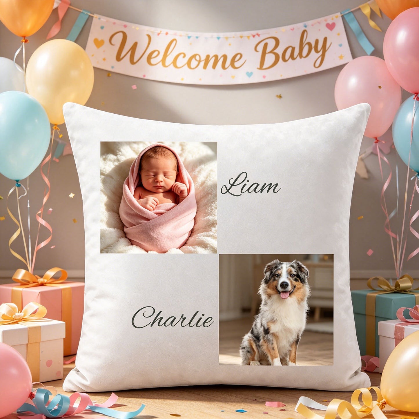 Custom baby and dog photo pillow placed on a plush carpet at a baby shower, surrounded by pastel balloons and a "Welcome Baby" banner. A joyful, celebratory touch showing the pillow as a thoughtful gift for welcoming a new baby and pet family member.