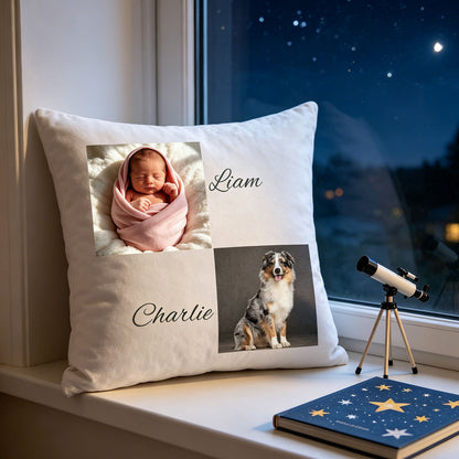 Custom baby and dog photo pillow resting on a nursery windowsill at night, with a toy telescope and star-themed children’s book nearby. A magical, dreamy scene showing the pillow as a comforting presence in a baby’s starry night nursery.