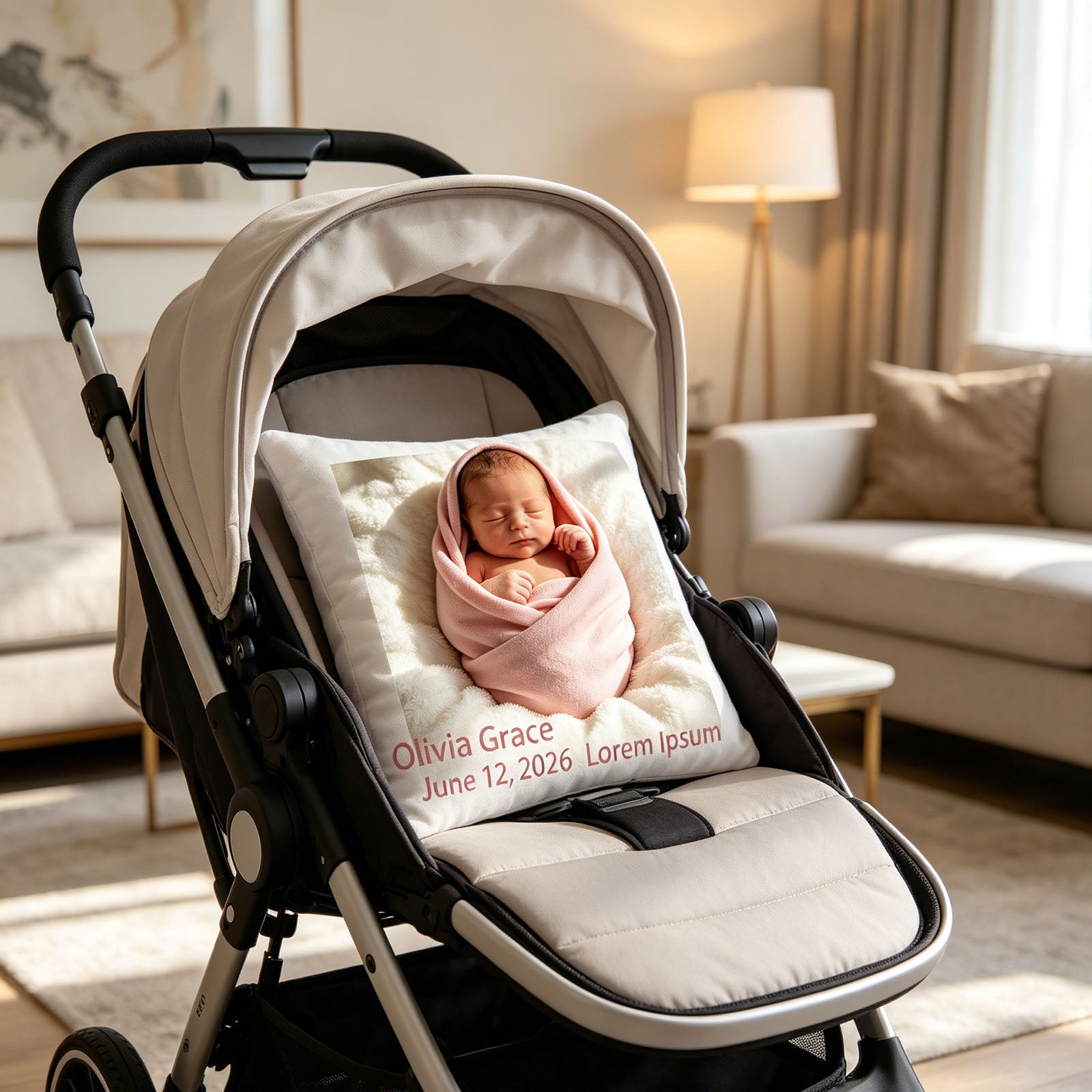 Custom newborn photo pillow placed in a sleek modern stroller, perfect for adding comfort and sentiment to outings with baby. A practical yet heartfelt accessory for new parents.