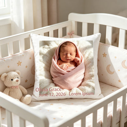 Custom newborn photo pillow placed in a cozy white crib with star-patterned bedding and a teddy bear. The perfect personalized decor piece for a baby’s crib or nursery.