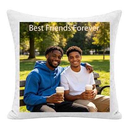 Custom best friends photo pillow personalized with the quote "Best Friends Forever", featuring a heartwarming portrait of two friends. A premium keepsake cushion, perfect as a sentimental birthday, friendship, or just-because gift for your best buddy.