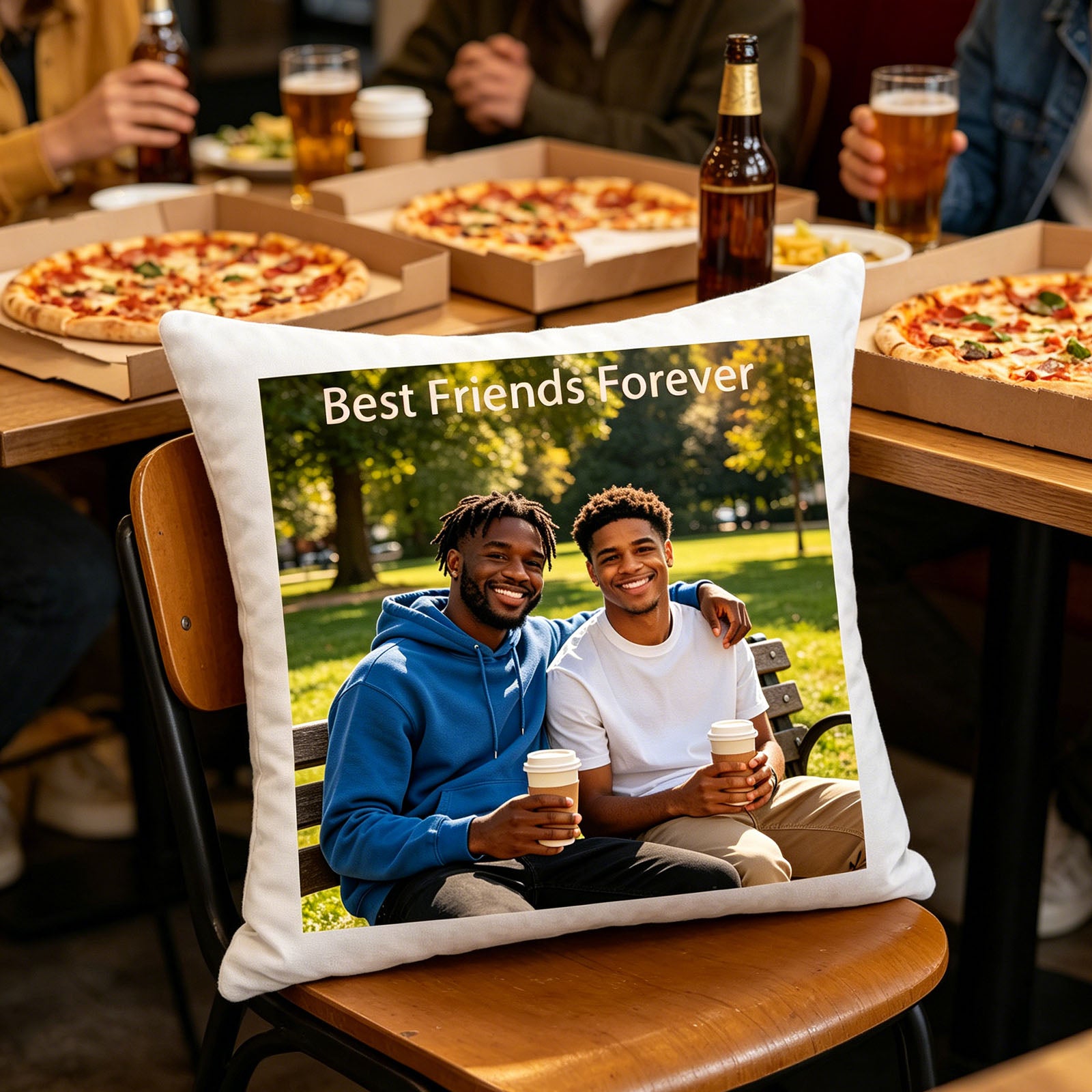 Custom best friends photo pillow resting on a chair at a casual pizza night dinner table, surrounded by pizza boxes and beer glasses. A fun, relaxed scene showing the pillow as part of classic friend hangouts.