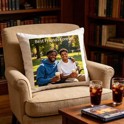 Custom best friends photo pillow resting on a classic armchair in a sunlit home library, with iced cola and a movie DVD on the table. A cozy, nostalgic touch perfect for movie nights or quiet evenings with friends.