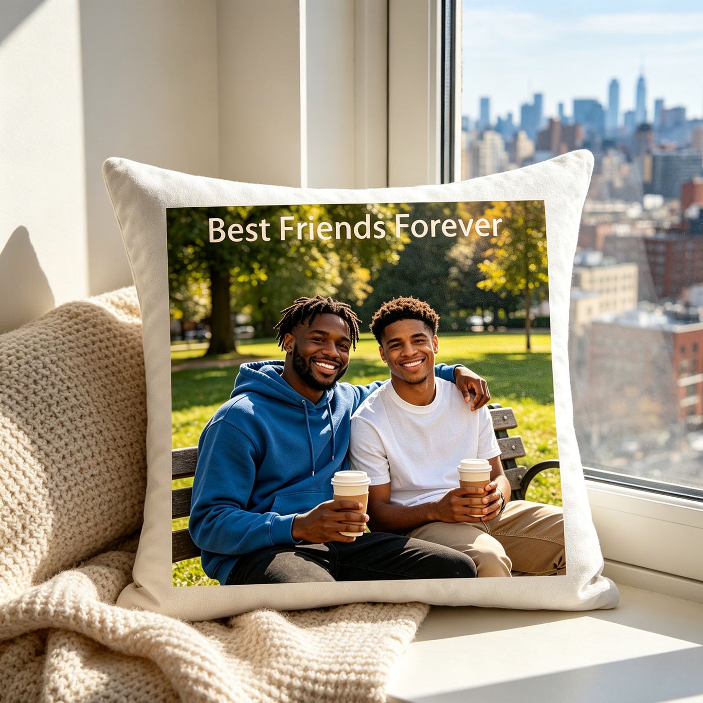Custom best friends photo pillow placed on a city apartment windowsill, overlooking the skyline. A cozy, urban touch perfect for roommates or friends living in the city, celebrating their bond.