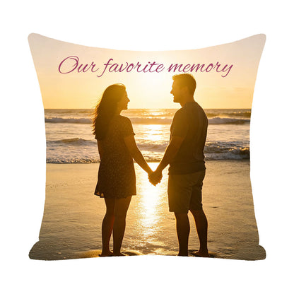 Custom couple pillow cover with "Our favorite memory" quote, featuring a couple holding hands at sunset beach, personalized keepsake for love, anniversary and Valentine's Day gift