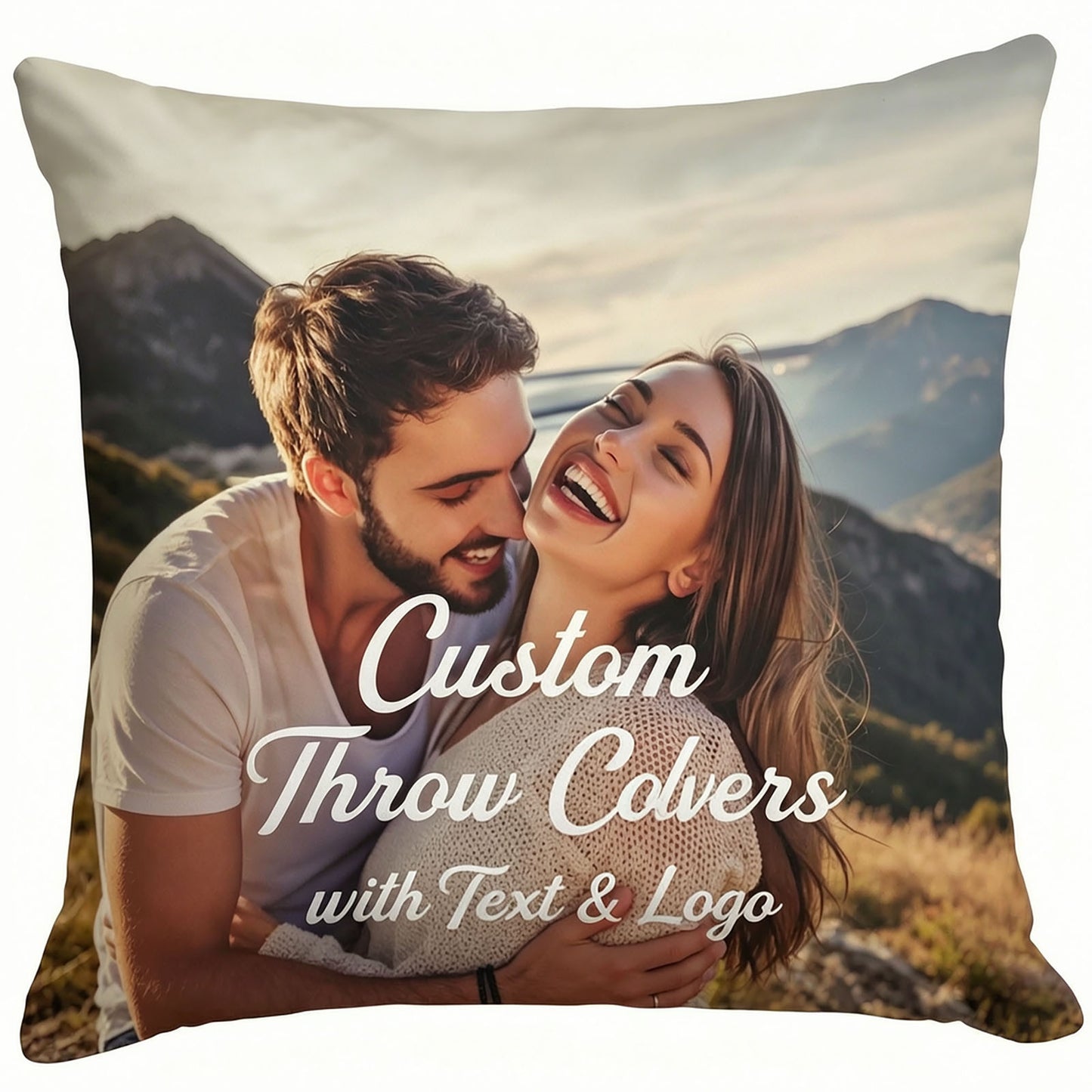 Custom personalized mountain couple photo throw pillow with custom editable text & logo printing service, bespoke wedding anniversary memory cushion, upload your own romantic photo for unique home decor keepsake.