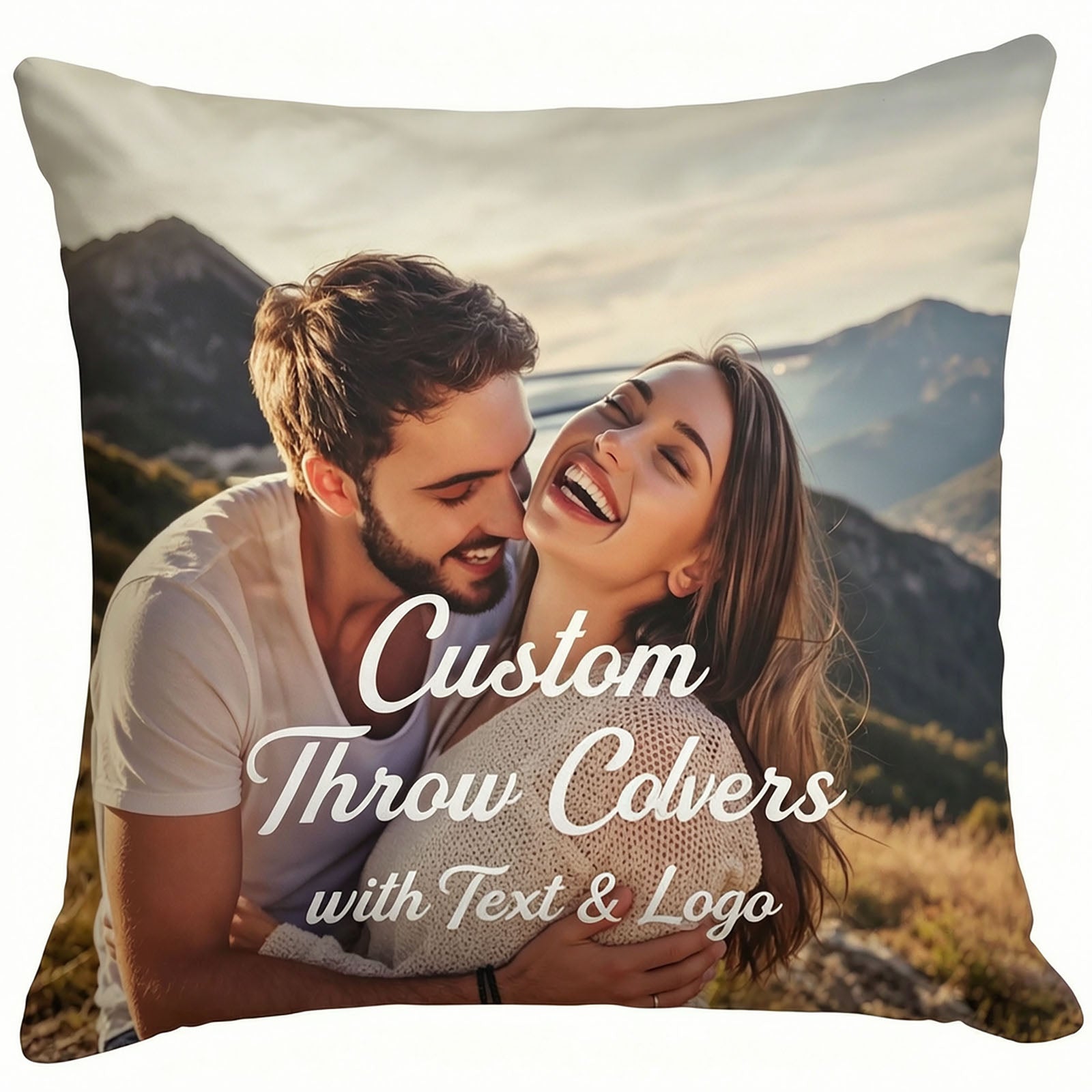 Custom personalized mountain couple photo throw pillow with custom editable text & logo printing service, bespoke wedding anniversary memory cushion, upload your own romantic photo for unique home decor keepsake.