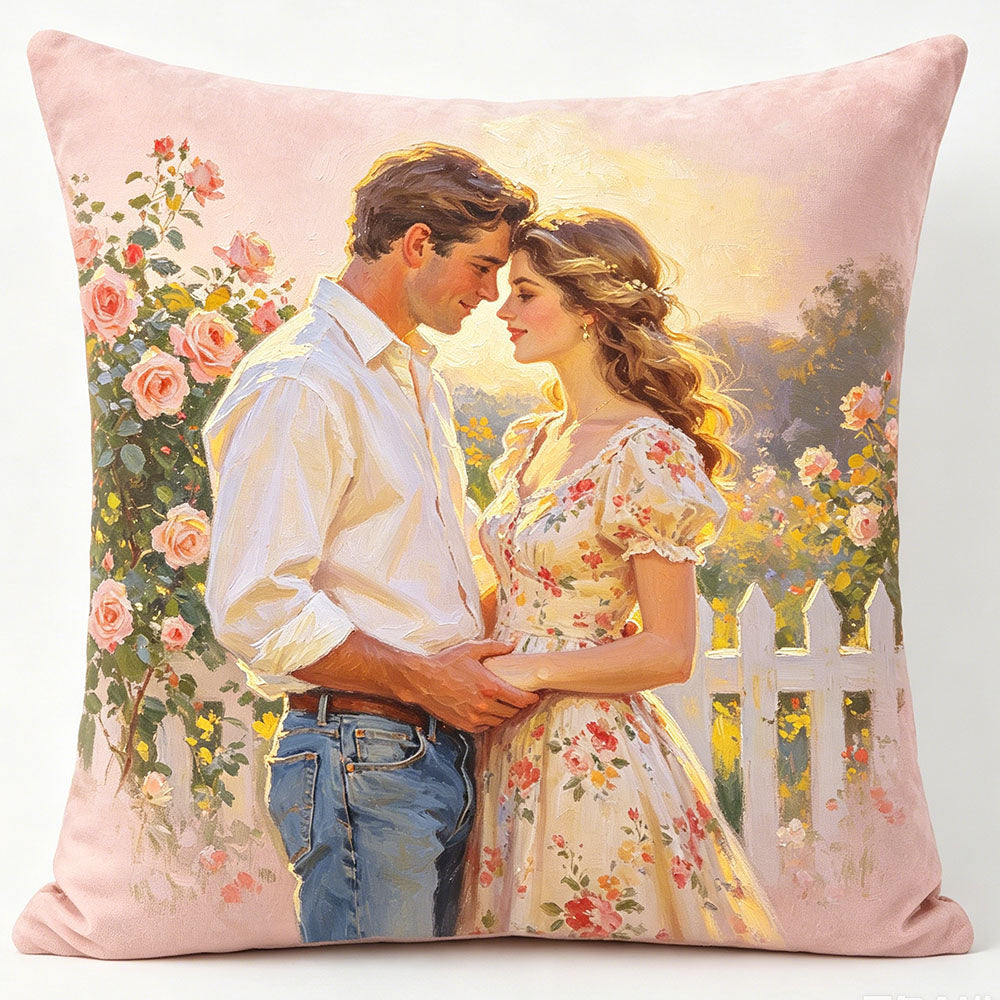 Custom oil painting couple pillow, autumn park fountain romantic couple portrait decor