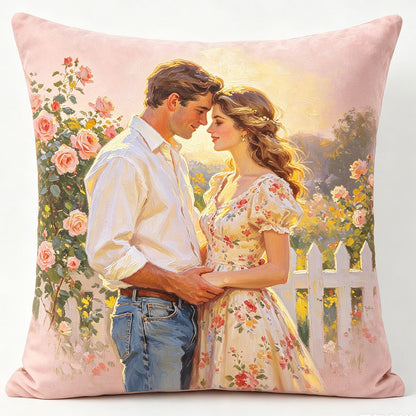 Custom oil painting couple pillow, autumn park fountain romantic couple portrait decor