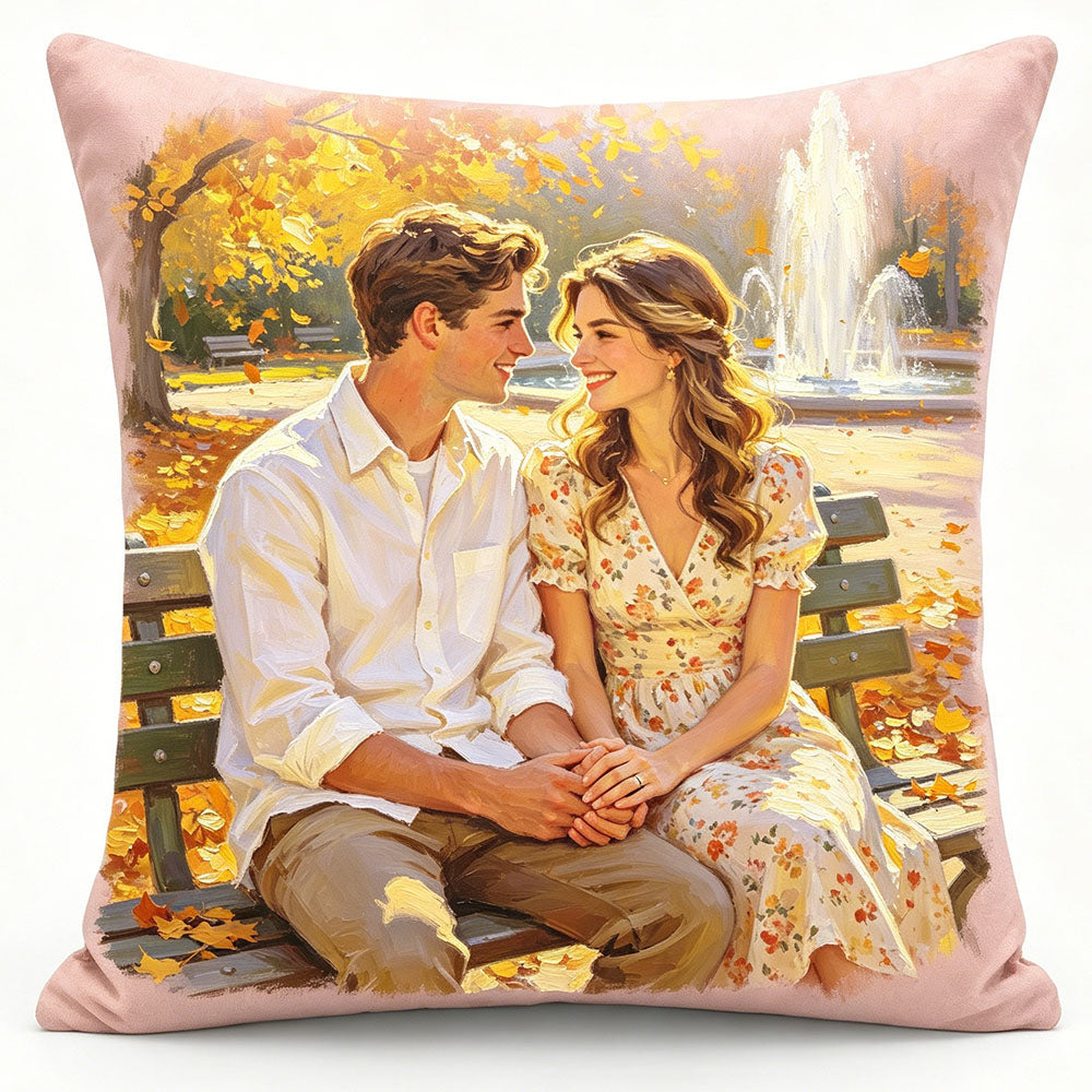 Custom couple throw pillow, oil painting style couple sitting by autumn fountain, romantic decor