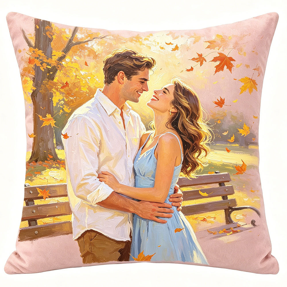 Custom throw pillow with oil painting style of couple embracing in autumn park, personalized romantic decor