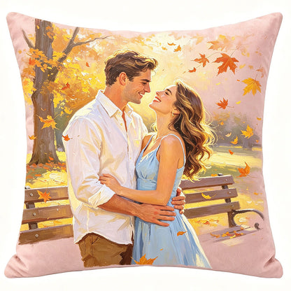 Custom throw pillow with oil painting style of couple embracing in autumn park, personalized romantic decor