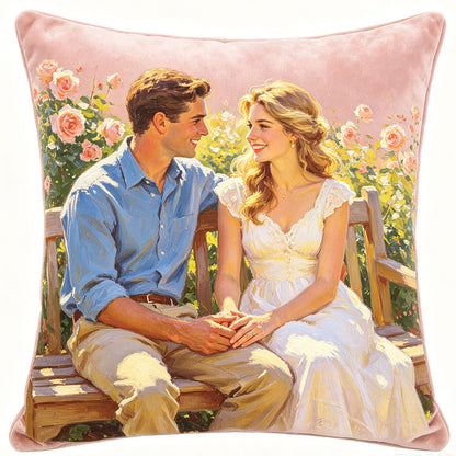 Custom couple pillow with oil painting of couple on bench in sunlit rose garden, personalized art