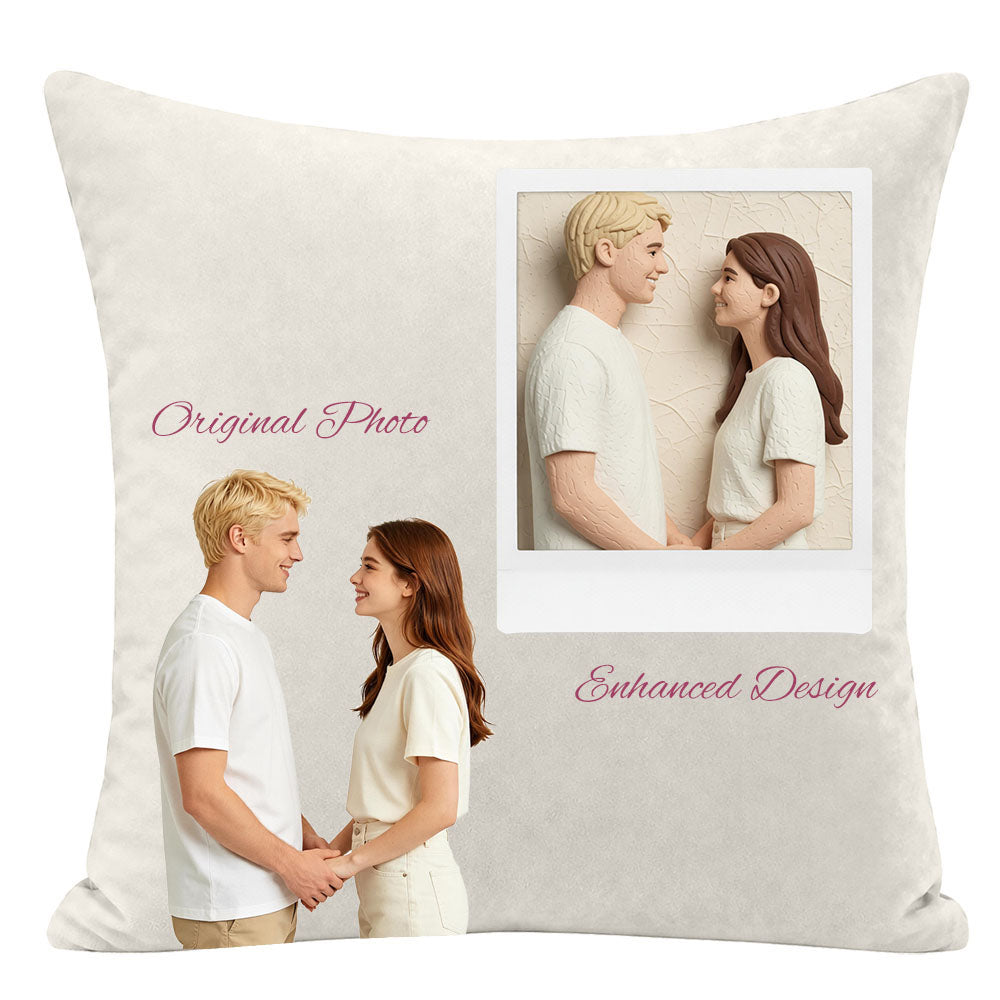Custom couple photo pillow featuring 3D clay sculpture style transformation, showing original and enhanced design for personalized premium keepsake gifts