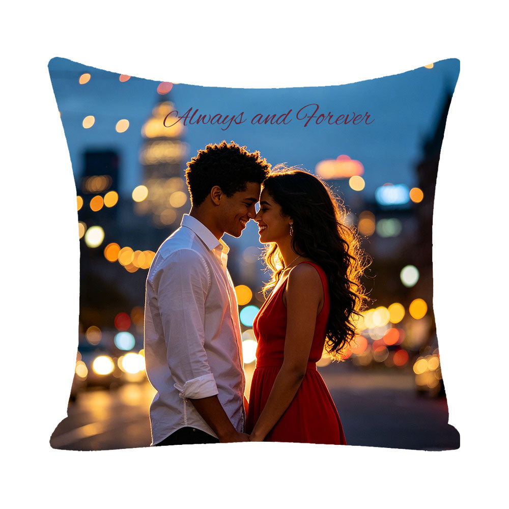 Custom couple photo pillow cover with romantic "Always and Forever" quote, featuring a Black couple against dreamy bokeh city night lights, personalized keepsake for love, Valentine's Day, anniversary gift