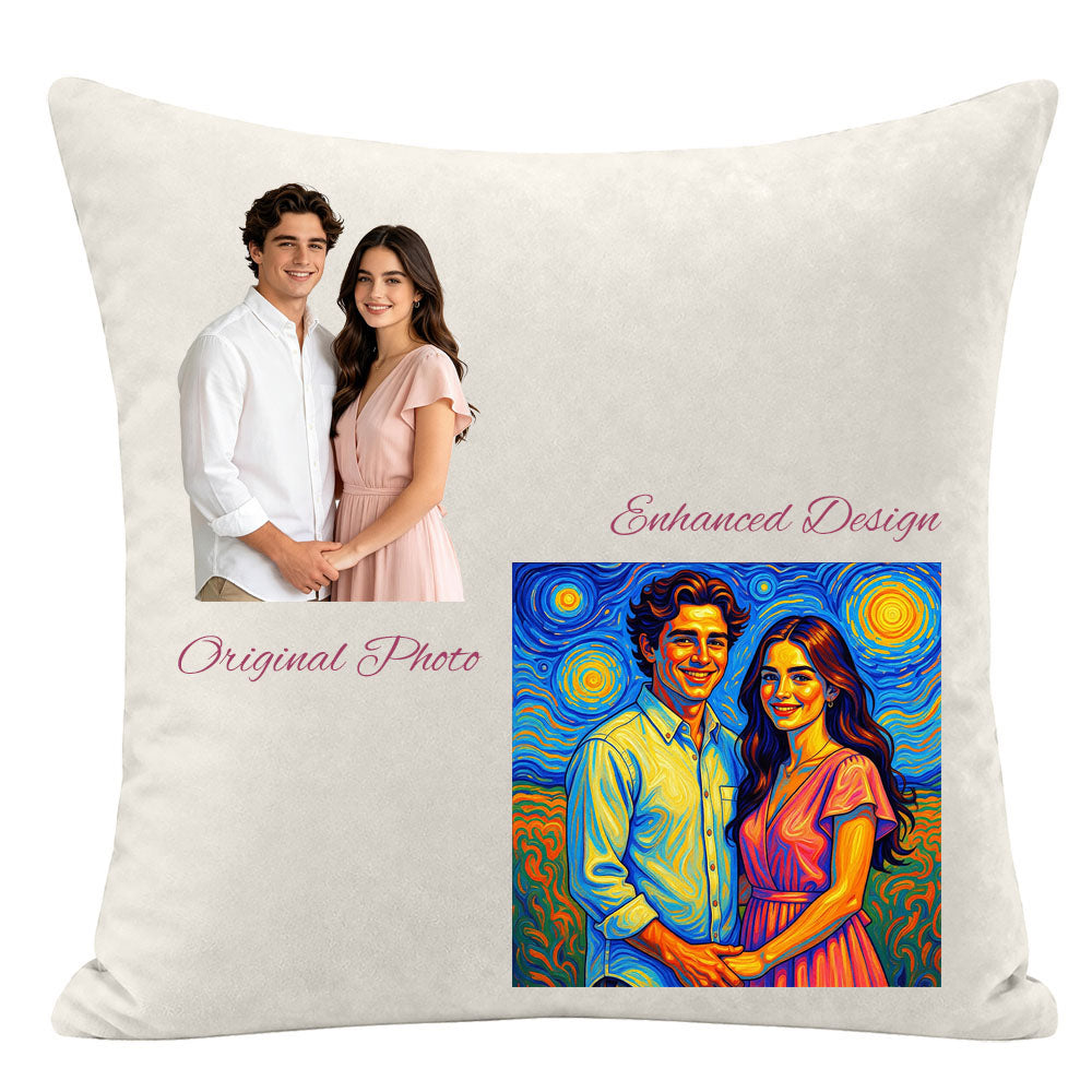 Custom couple photo pillow showing Van Gogh Starry Night style transformation, original photo vs vibrant swirling art, premium personalized keepsake gift for couples
