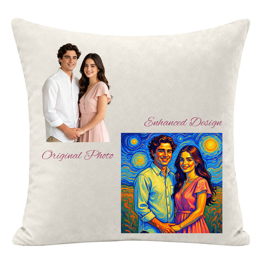 Custom couple photo pillow showing Van Gogh Starry Night style transformation, original photo vs vibrant swirling art, premium personalized keepsake gift for couples