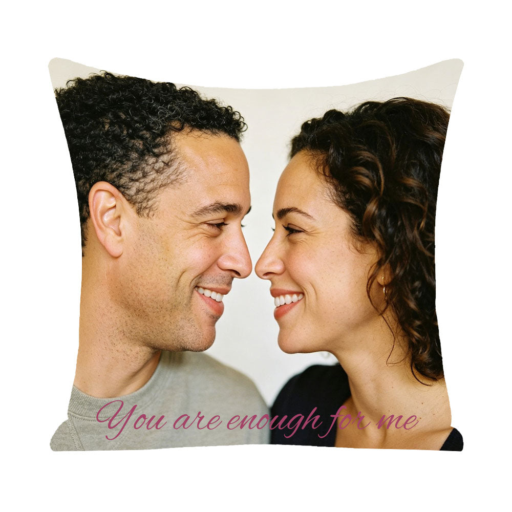 Custom couple portrait pillow cover with "You are enough for me" quote, featuring a smiling Black couple face-to-face, personalized keepsake for love, anniversary and Valentine's Day gift